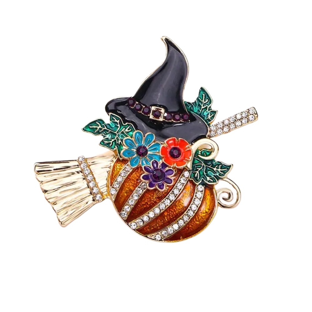 Pumpkin Witch Hat Broom Floral Rhinestone Halloween Brooch Pin